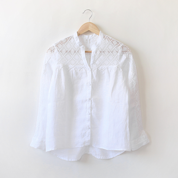L050 WHITE 40レ-ス切替 リネンシャツ・画像