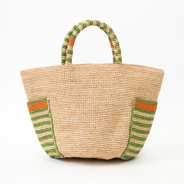 NATURAL/GREENバケット形 ラフィアバッグ・画像