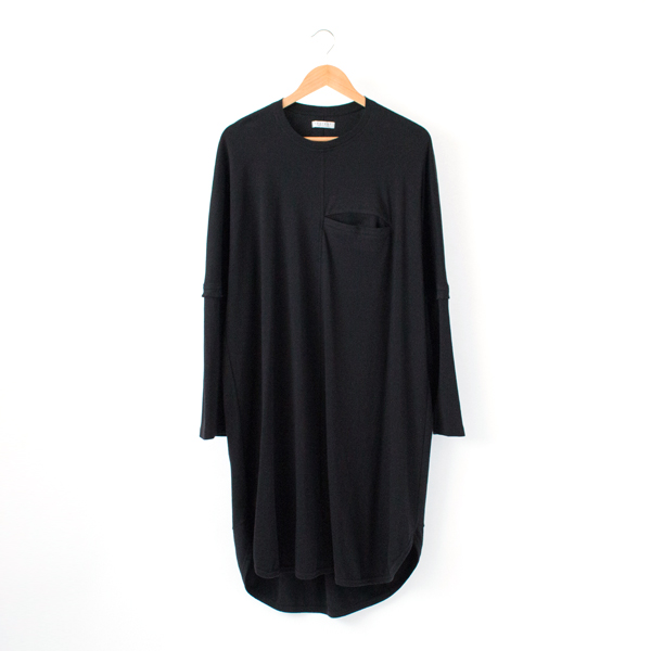 ブラック綿スム-ス×リネンウ-ル ポケットチュニックカットソ-・画像