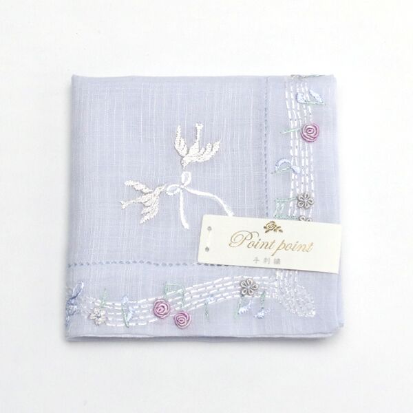 ブル-ポワンポワン ベトナム手刺繍ハンカチ ハト・画像