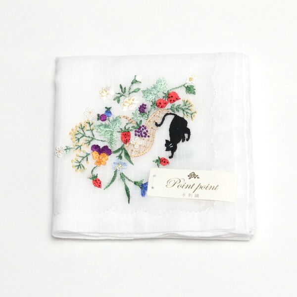 ホワイトポワンポワン ベトナム手刺繍ハンカチ キャット・画像