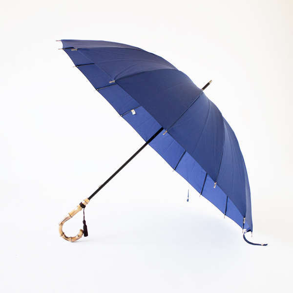 55cm 16本骨長傘 バンブ-ハンドル ネイビ-・画像