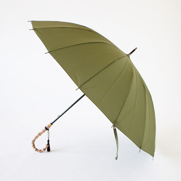 55cm 16本骨長傘 バンブ-ハンドル グリ-ン・画像