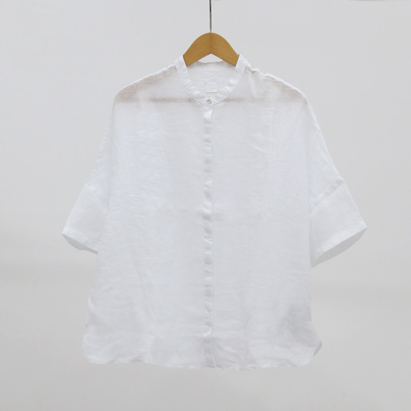 WHITE/40リネン スタンドカラ- シャツ・画像