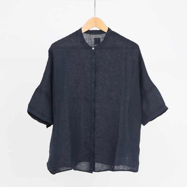 BLUE NAVY/40リネン スタンドカラ- シャツ・画像