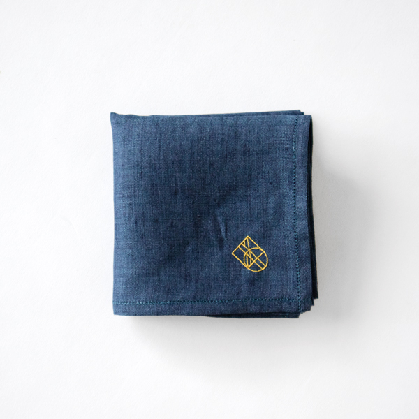 NAVY/YELLOWリネン刺繍ハンカチ・画像