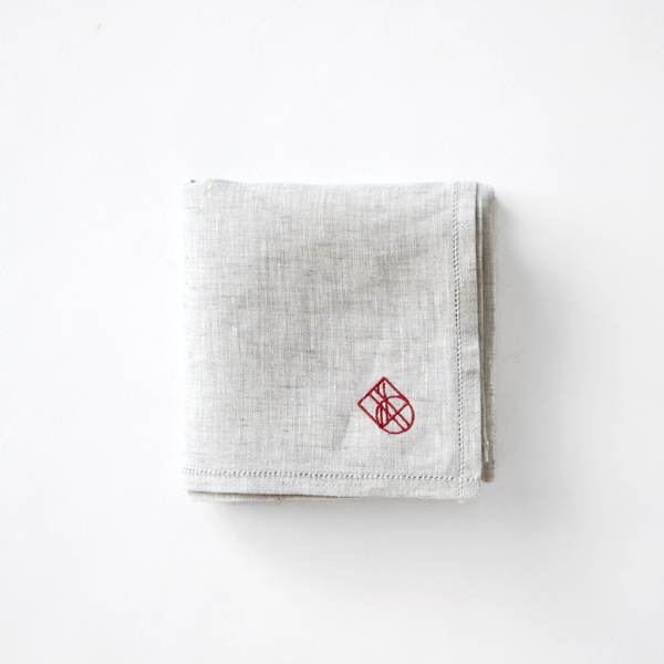 GREY/BORDEAUXリネン刺繍ハンカチ・画像