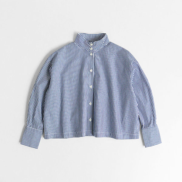 NAVY STRIPESTAND COLLAR SHIRT・画像