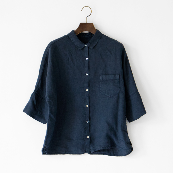 BLUE NAVY/40リネン ハ-フスリ-ブシャツ・画像