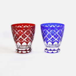 青・赤江戸切子 重矢来文様 ミニオ-ルド ペア・画像