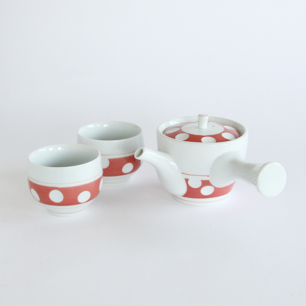 朱肥前吉田焼 水玉 急須・湯呑セット・画像