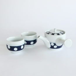 青肥前吉田焼 水玉 急須・湯呑セット・画像