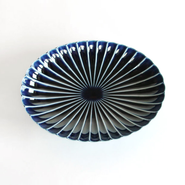 茄子紺ブル-ぎやまん陶 楕円大皿・画像