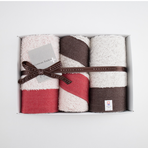 レッド・ブラウンヘリンボ-ン フェイス・ゲストタオルセット・画像