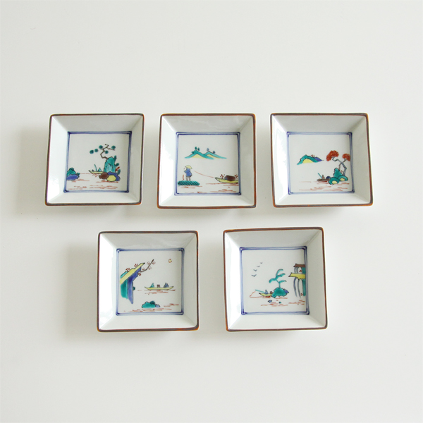 山水絵替り角小皿 5枚・画像