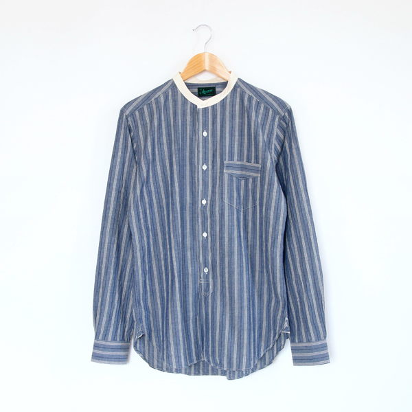 Mメンズ バンドカラ-シャツSaloon / Light Indigo Stripe・画像