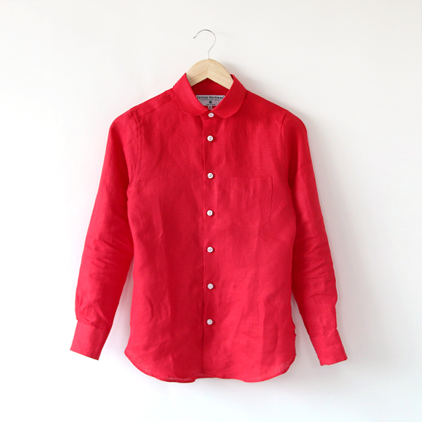 32/Sリネンロングスリ-ブシャツ ラウンドカラ- Red・画像