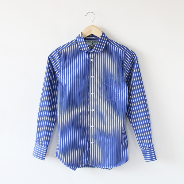 32/Sロングスリ-ブシャツ ストライプ ラウンドカラ- Blue・画像