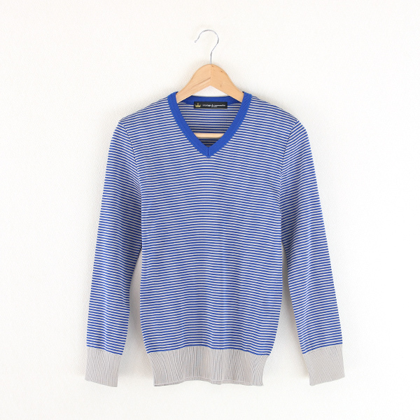 グレ-×ブル-Vネックカットソ-・画像